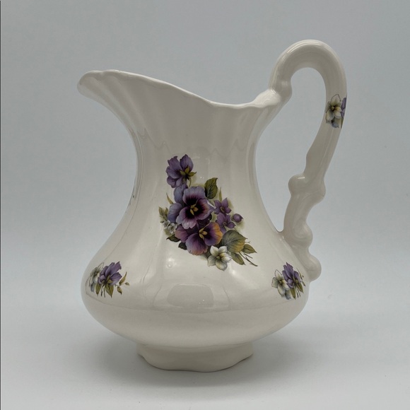 Athena Other - Vintage TH Athena USA Floral Bouquet Large White & Purple Pitcher Scalloped Rim
